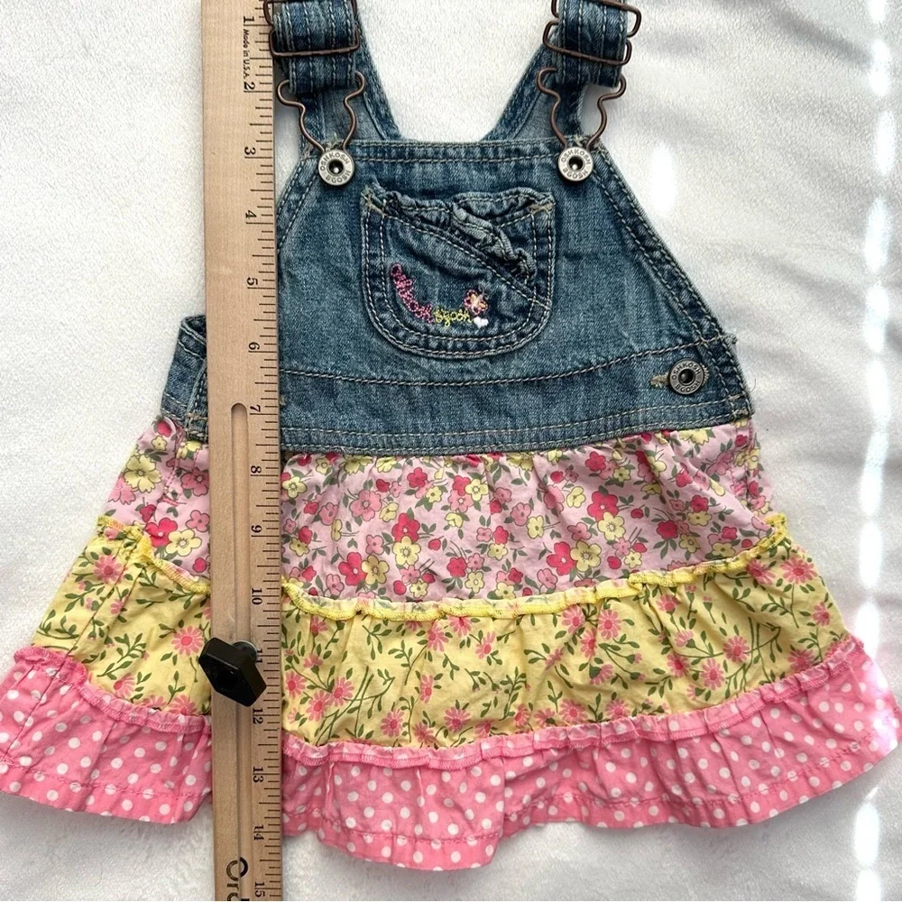OshKosh Bib Denim Overalls Dress Baby Girl 9M Floral Ruffles Vtg Y2K Pink Yellow
